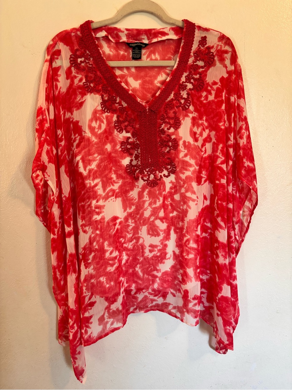 Women’s Red Embroidered V-Neck Sheer Tunic Top